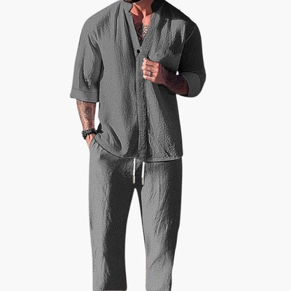 Milo Men's Summer Set featuring comfortable drawstring pants and a stylish long sleeve shirt, perfect for warm weather attire. 0