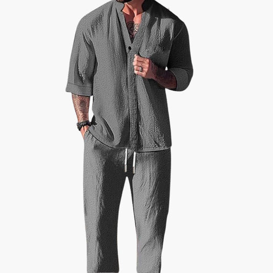 Milo Men's Summer Set featuring comfortable drawstring pants and a stylish long sleeve shirt, perfect for warm weather attire. 0