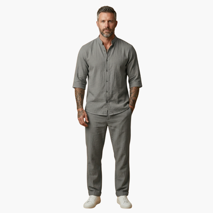 Milo Men's Summer Set featuring comfortable drawstring pants and a stylish long sleeve shirt, perfect for warm weather attire. 1