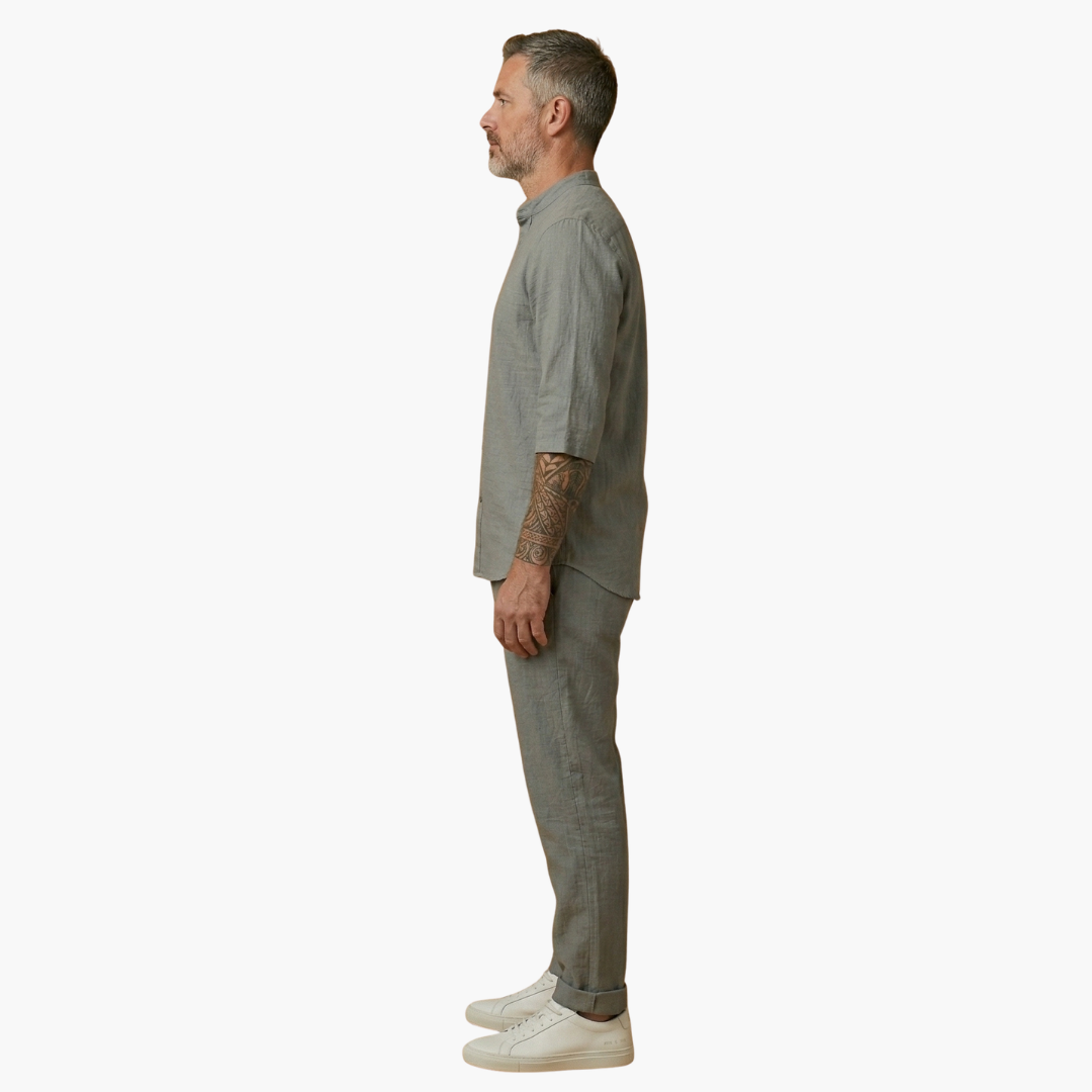 Milo Men's Summer Set featuring comfortable drawstring pants and a stylish long sleeve shirt, perfect for warm weather attire. 2