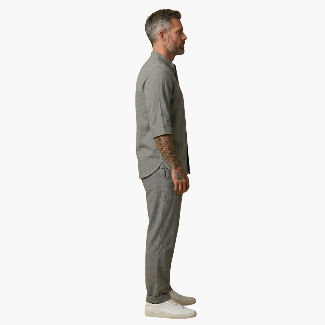 Milo Men's Summer Set featuring comfortable drawstring pants and a stylish long sleeve shirt, perfect for warm weather attire. 3