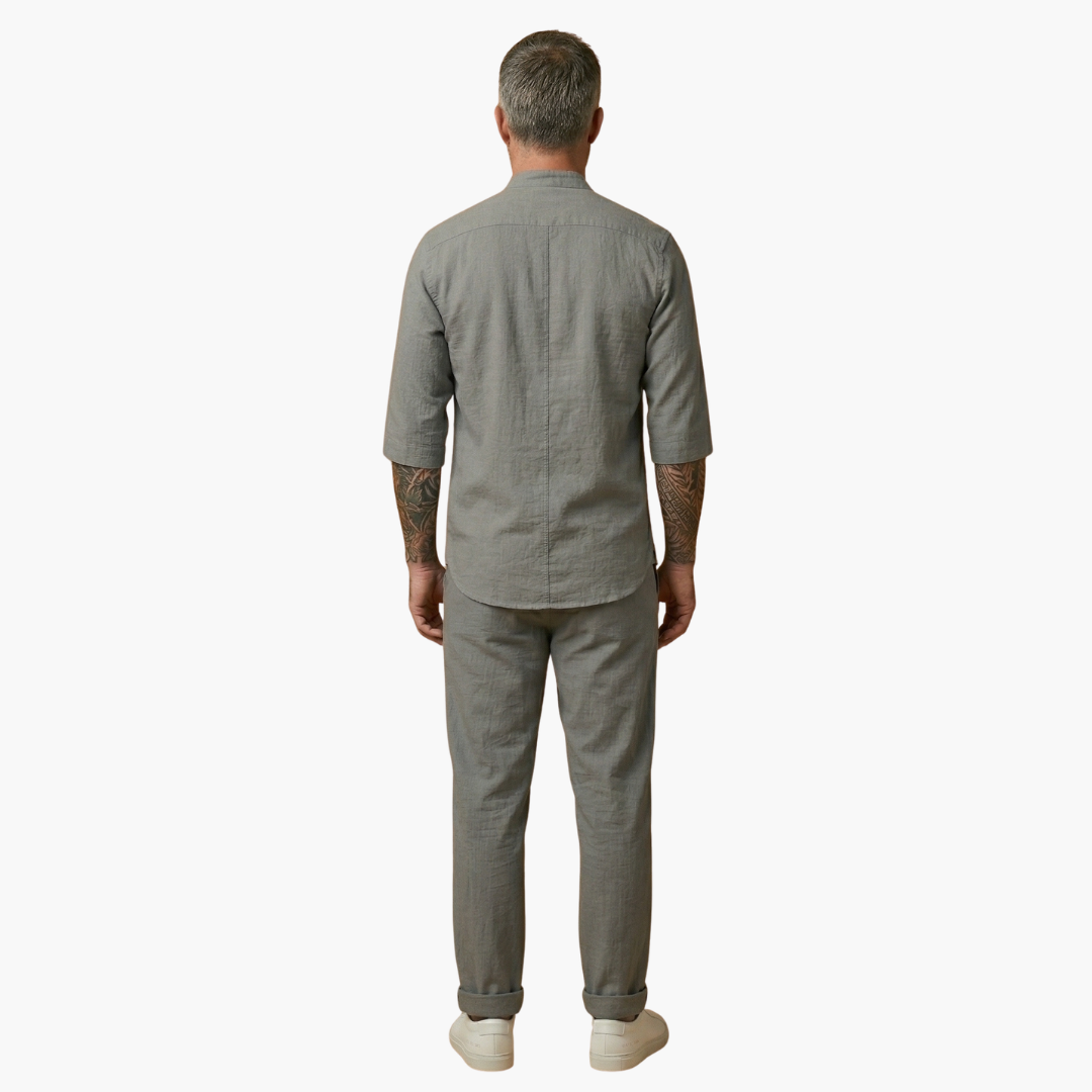 Milo Men's Summer Set featuring comfortable drawstring pants and a stylish long sleeve shirt, perfect for warm weather attire. 4
