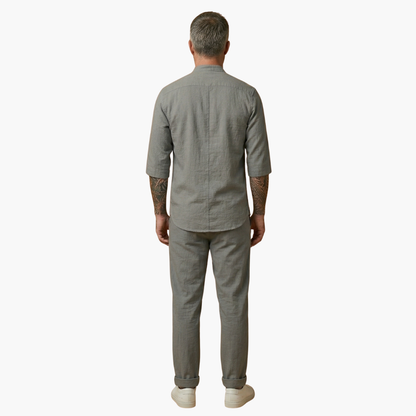 Milo Men's Summer Set featuring comfortable drawstring pants and a stylish long sleeve shirt, perfect for warm weather attire. 4