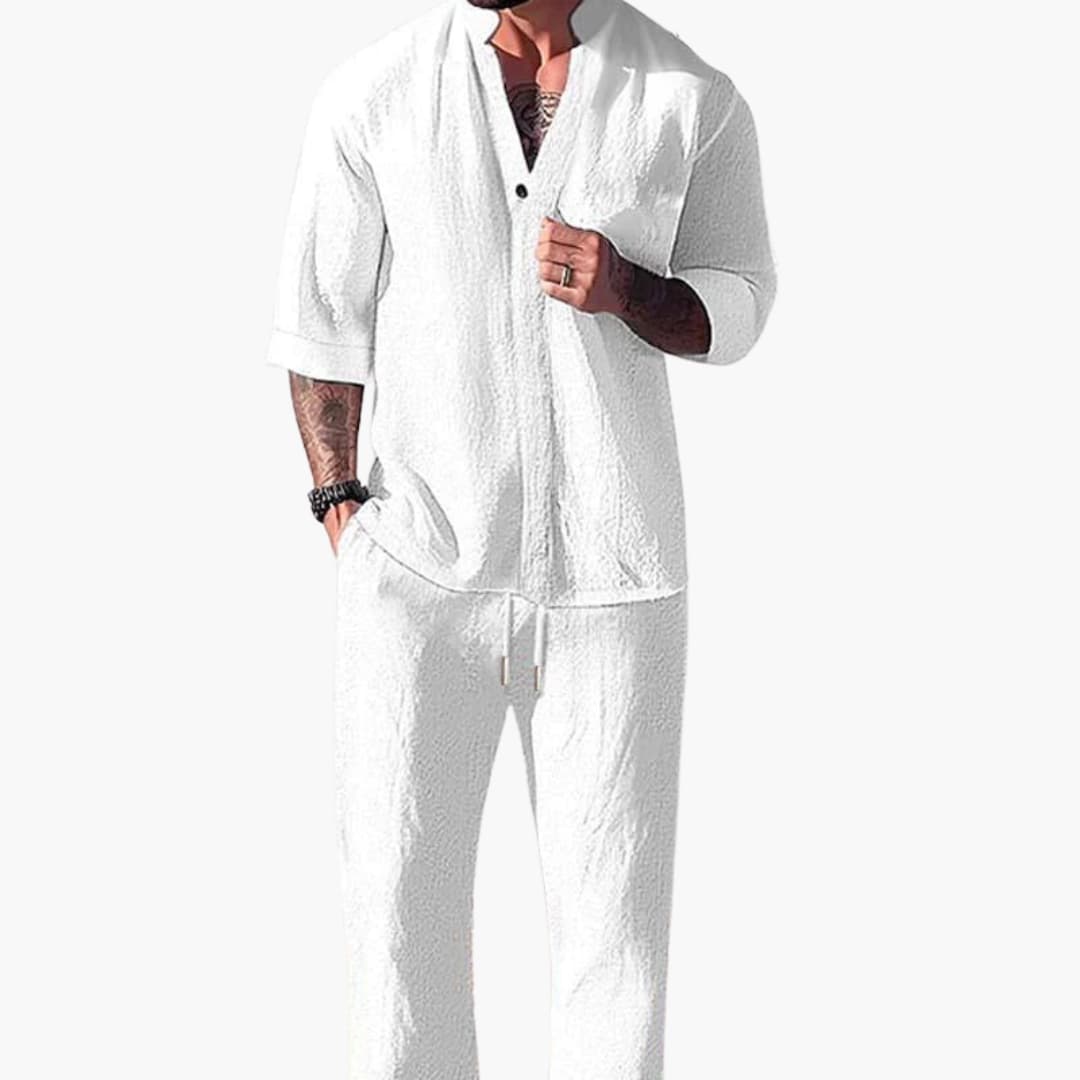 Milo Men's Summer Set featuring comfortable drawstring pants and a stylish long sleeve shirt, perfect for warm weather attire. 6