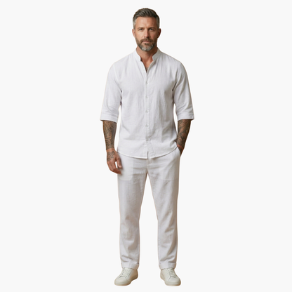 Milo Men's Summer Set featuring comfortable drawstring pants and a stylish long sleeve shirt, perfect for warm weather attire. 7