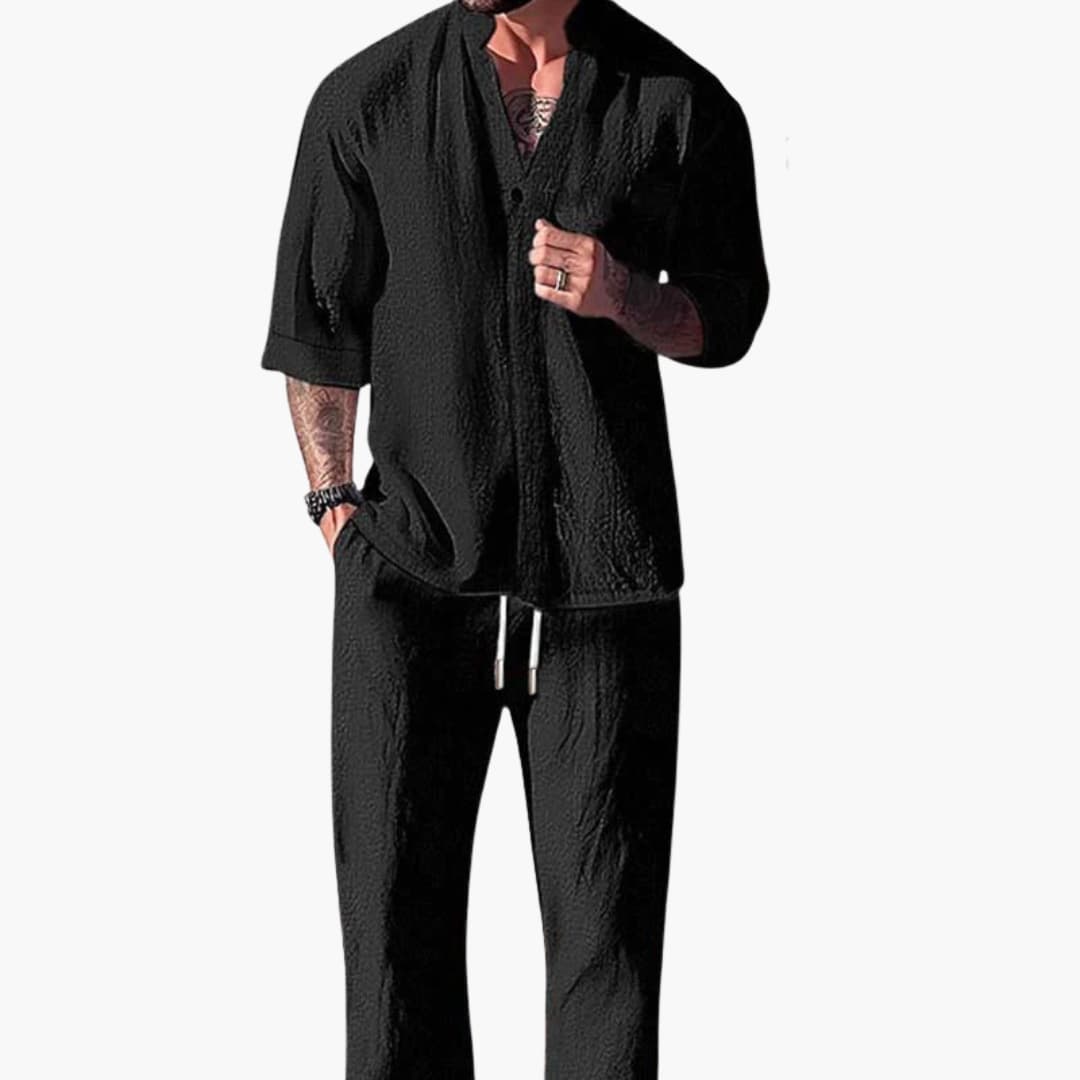 Milo Men's Summer Set featuring comfortable drawstring pants and a stylish long sleeve shirt, perfect for warm weather attire. 8