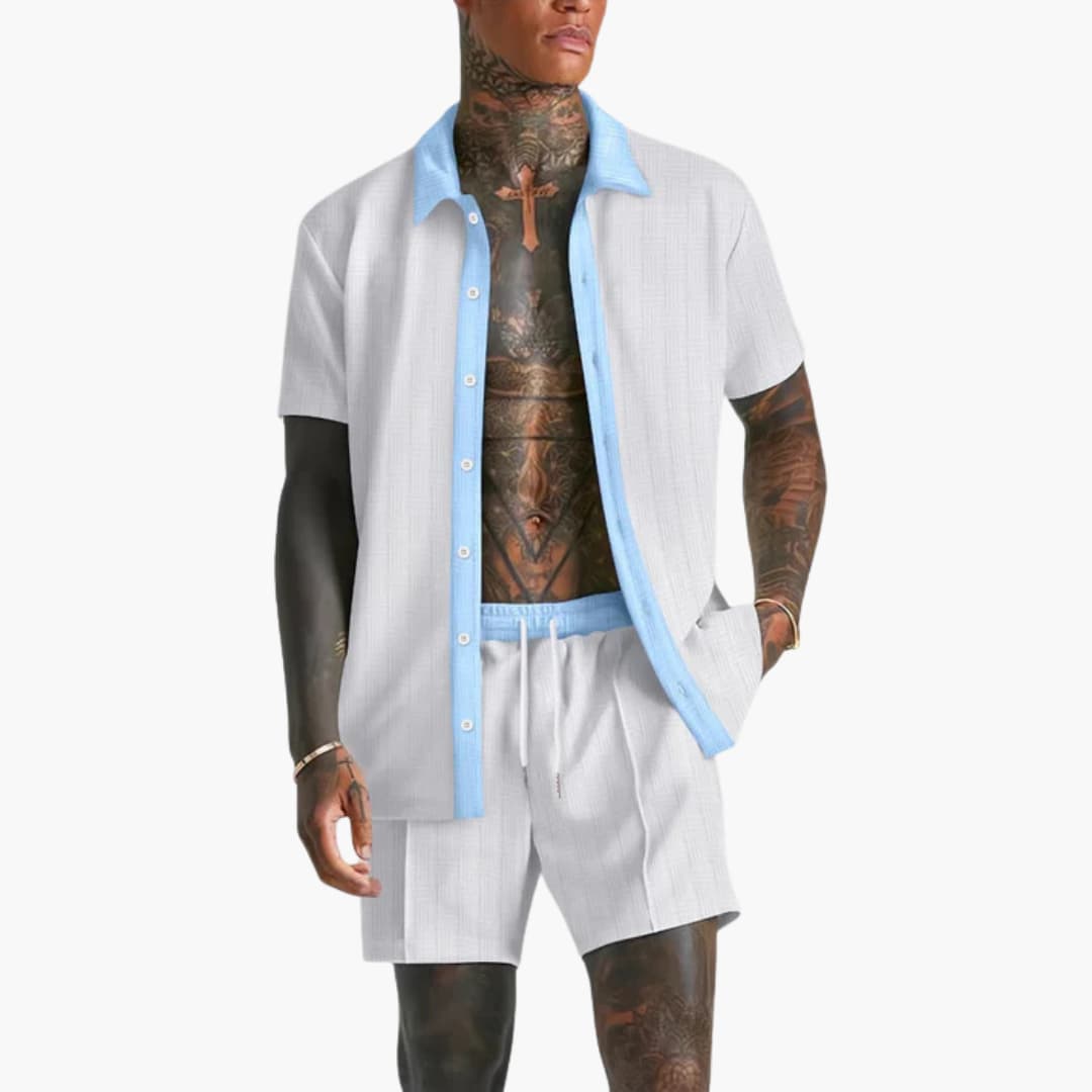 Milo Men's Summer Set featuring a stylish short sleeve shirt and comfortable drawstring shorts, perfect for warm weather outings and casual wear. 0