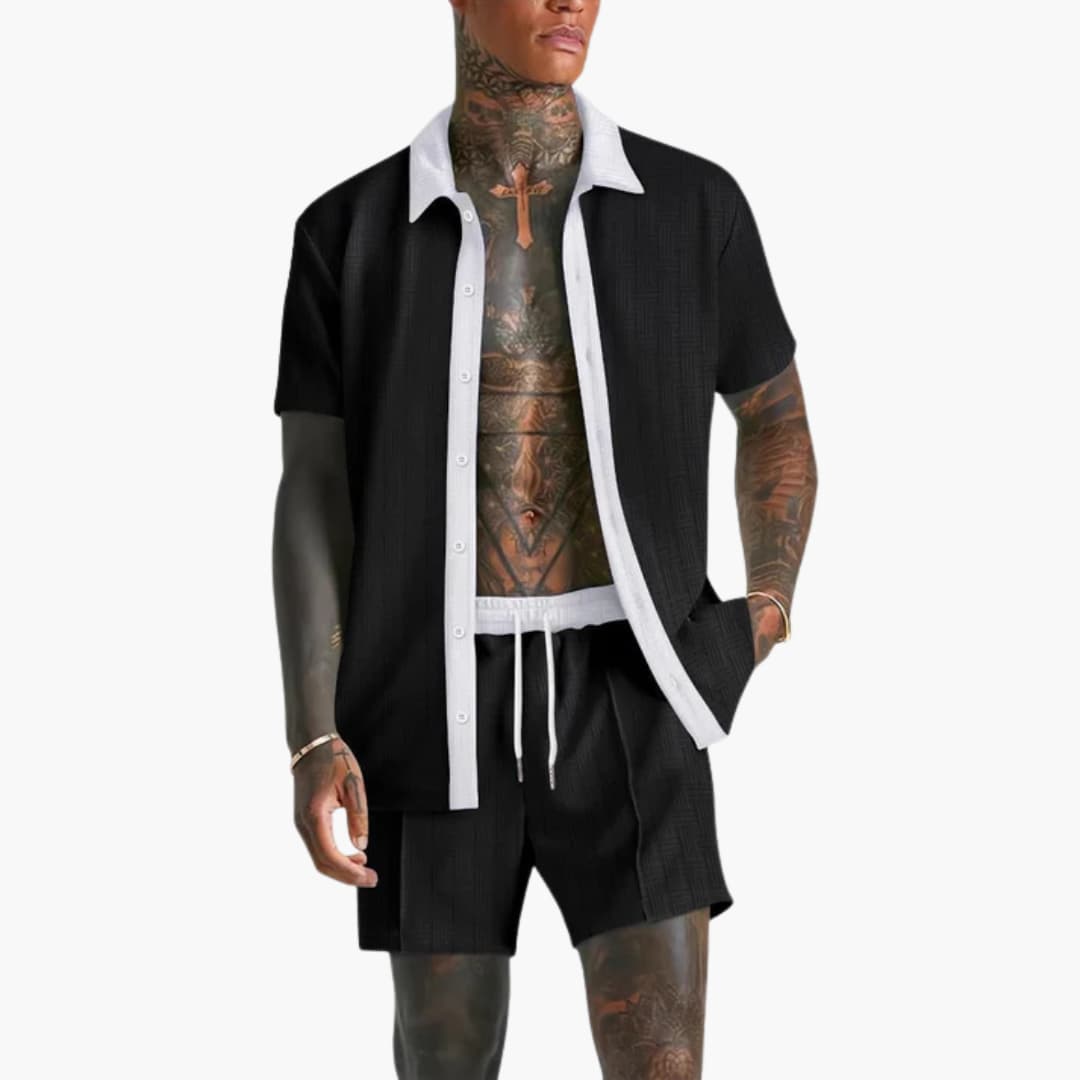 Milo Men's Summer Set featuring a stylish short sleeve shirt and comfortable drawstring shorts, perfect for warm weather outings and casual wear. 1