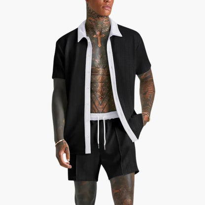 Milo Men's Summer Set featuring a stylish short sleeve shirt and comfortable drawstring shorts, perfect for warm weather outings and casual wear. 1