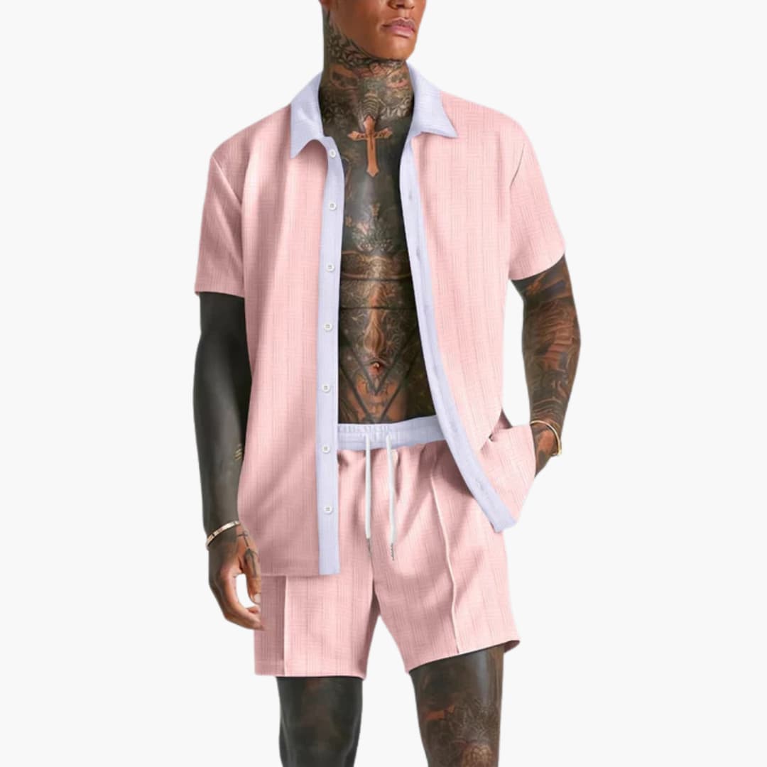 Milo Men's Summer Set featuring a stylish short sleeve shirt and comfortable drawstring shorts, perfect for warm weather outings and casual wear. 2