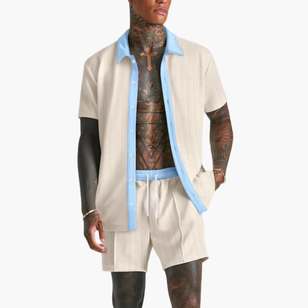 Milo Men's Summer Set featuring a stylish short sleeve shirt and comfortable drawstring shorts, perfect for warm weather outings and casual wear. 3