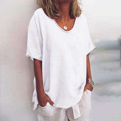 Mira Women’s Blouse featuring a stylish scoop neck and short sleeves, designed in elegant white for a chic and versatile look. 2