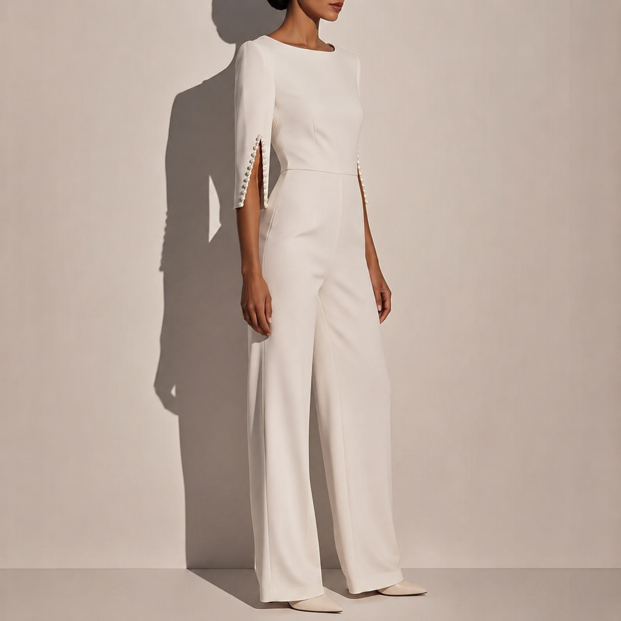 Women's Jumpsuit with Pearl-Embellished Sleeves and Wide-Leg Silhouette