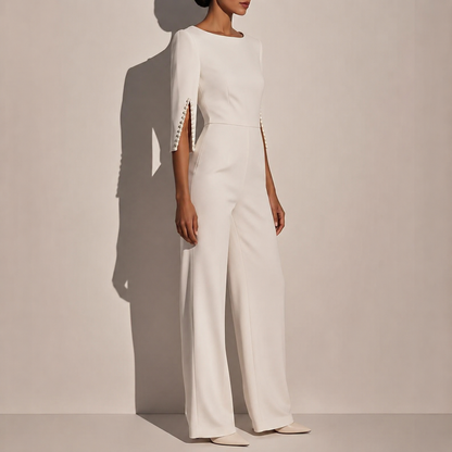 Women's Jumpsuit with Pearl-Embellished Sleeves and Wide-Leg Silhouette