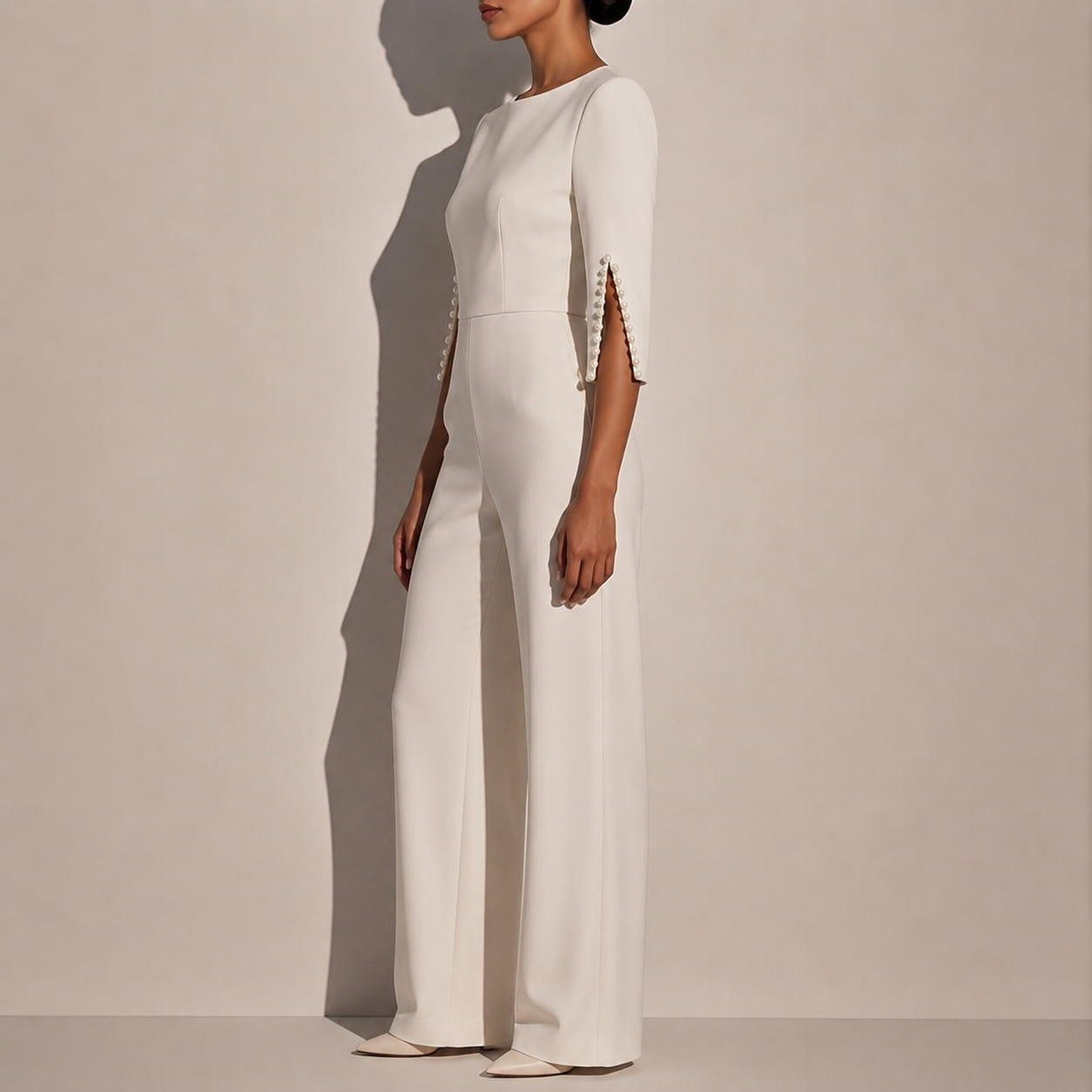 Women's Jumpsuit with Pearl-Embellished Sleeves and Wide-Leg Silhouette