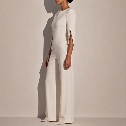 Women's Jumpsuit with Pearl-Embellished Sleeves and Wide-Leg Silhouette