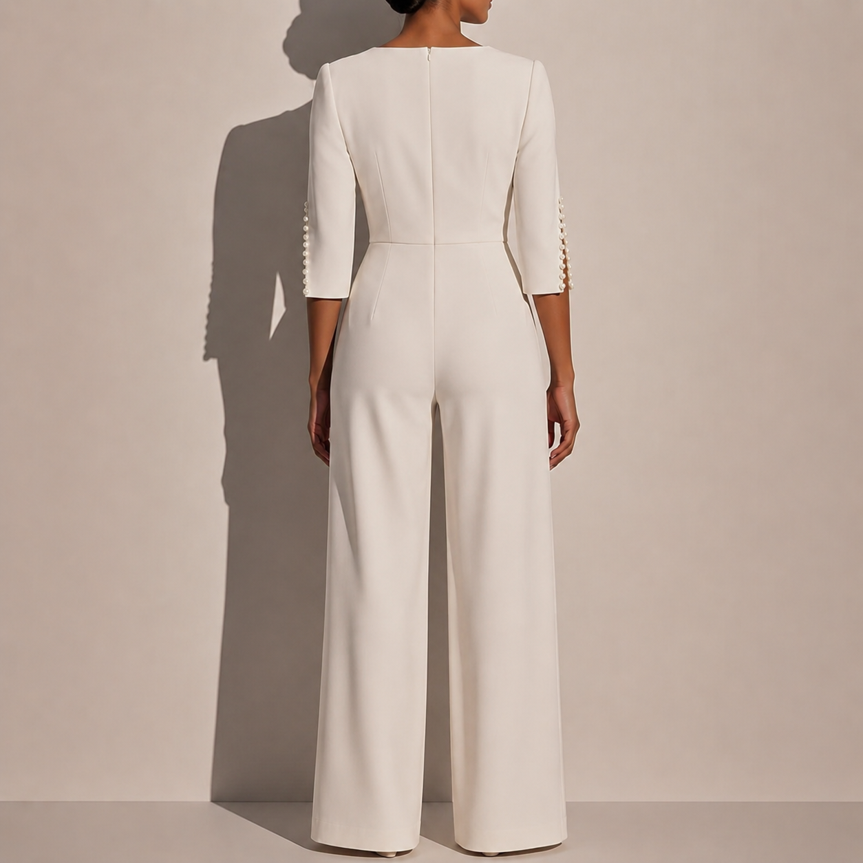 Women's Jumpsuit with Pearl-Embellished Sleeves and Wide-Leg Silhouette