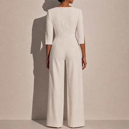 Women's Jumpsuit with Pearl-Embellished Sleeves and Wide-Leg Silhouette