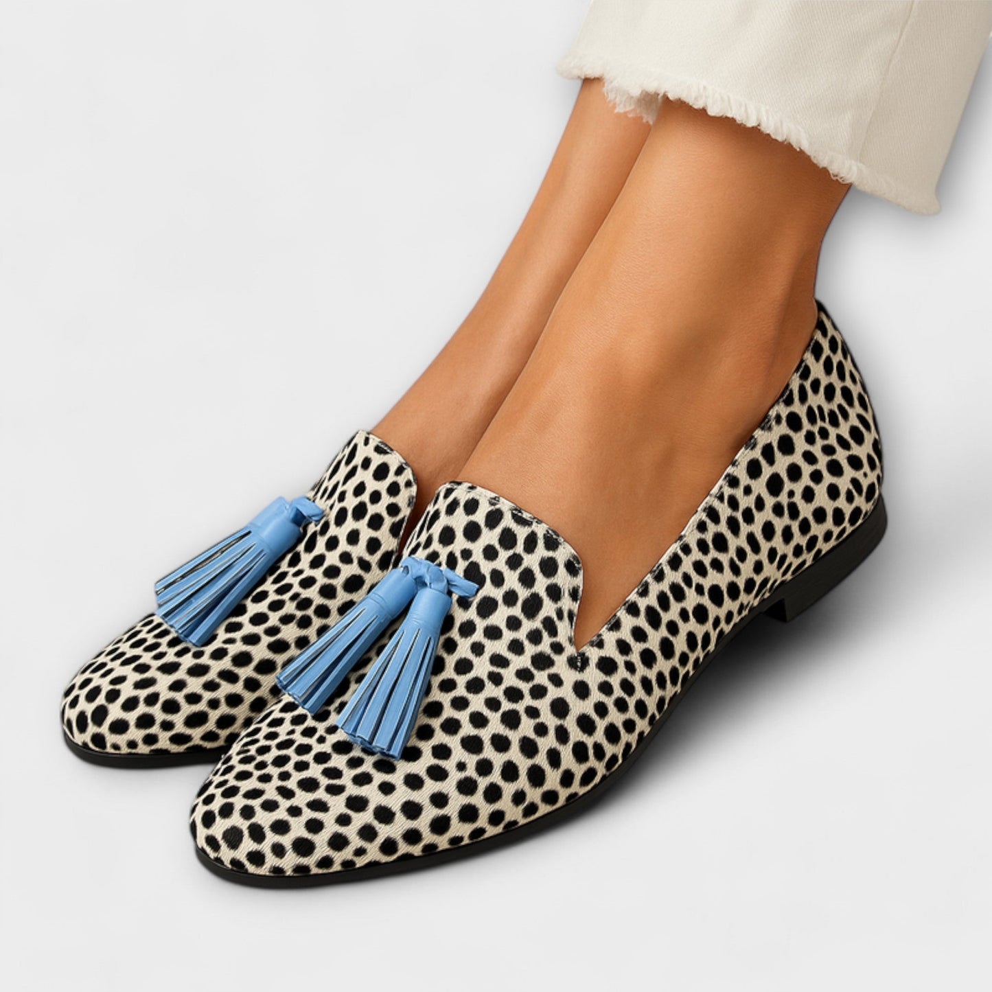 Mira Women’s Loafers featuring stylish fringed tassels and a playful polka dot pattern, perfect for casual and chic outfits. 0