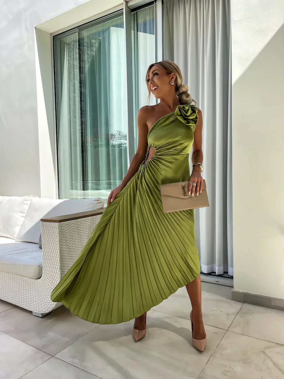 Mira Women’s Maxi Dress featuring a stylish one-shoulder design and elegant pleated fabric, perfect for summer events and casual outings. 1