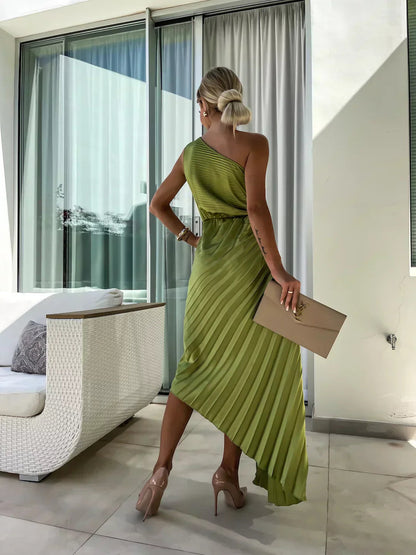 Mira Women’s Maxi Dress featuring a stylish one-shoulder design and elegant pleated fabric, perfect for summer events and casual outings. 3