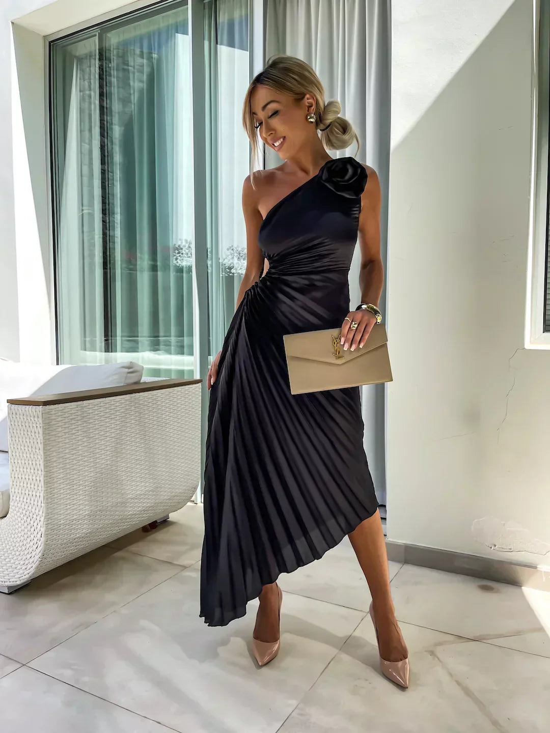 Mira Women’s Maxi Dress featuring a stylish one-shoulder design and elegant pleated fabric, perfect for summer events and casual outings. 4