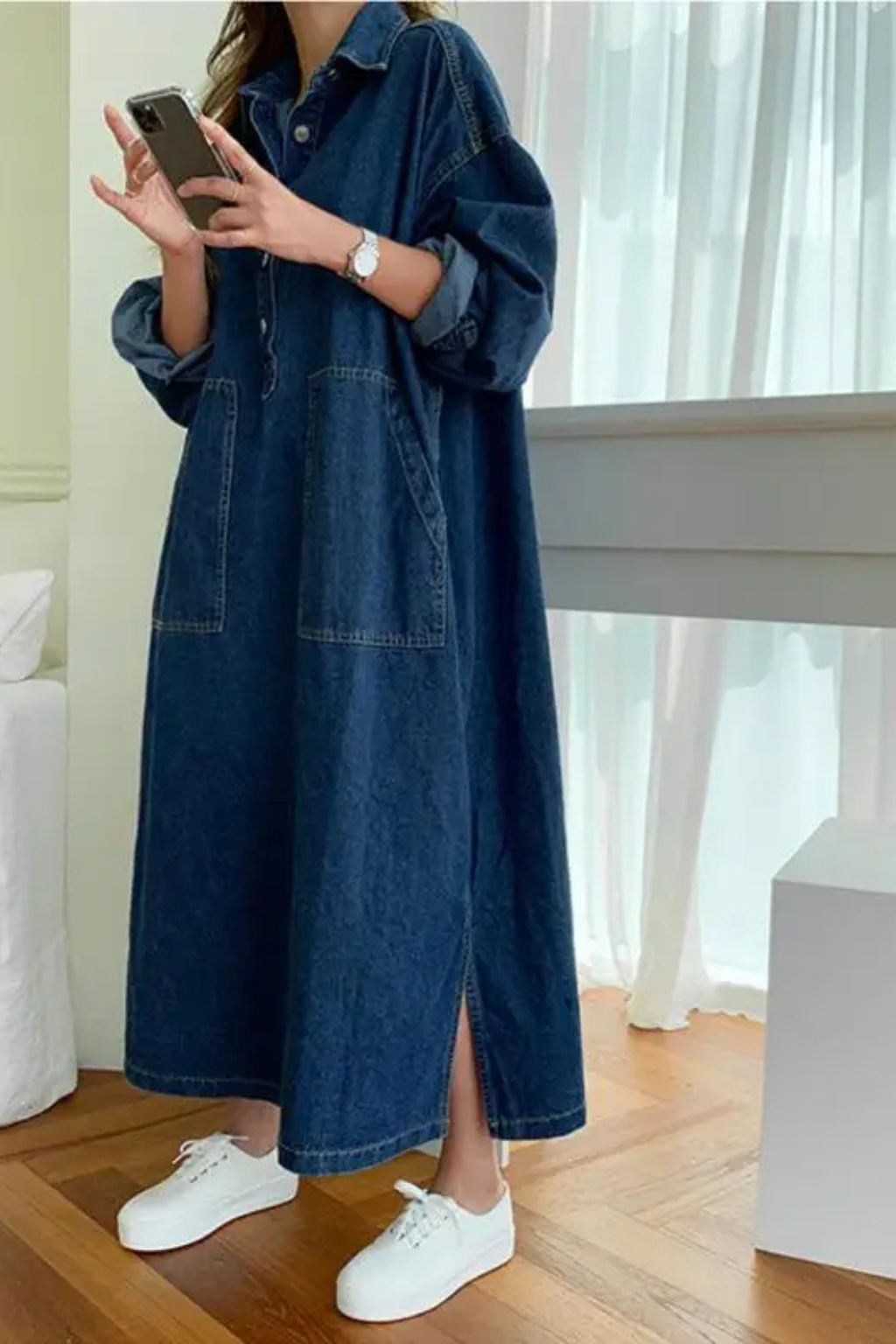 Mira Women's Maxi Dress featuring an oversized silhouette and stylish collared design, perfect for casual or formal occasions. 1