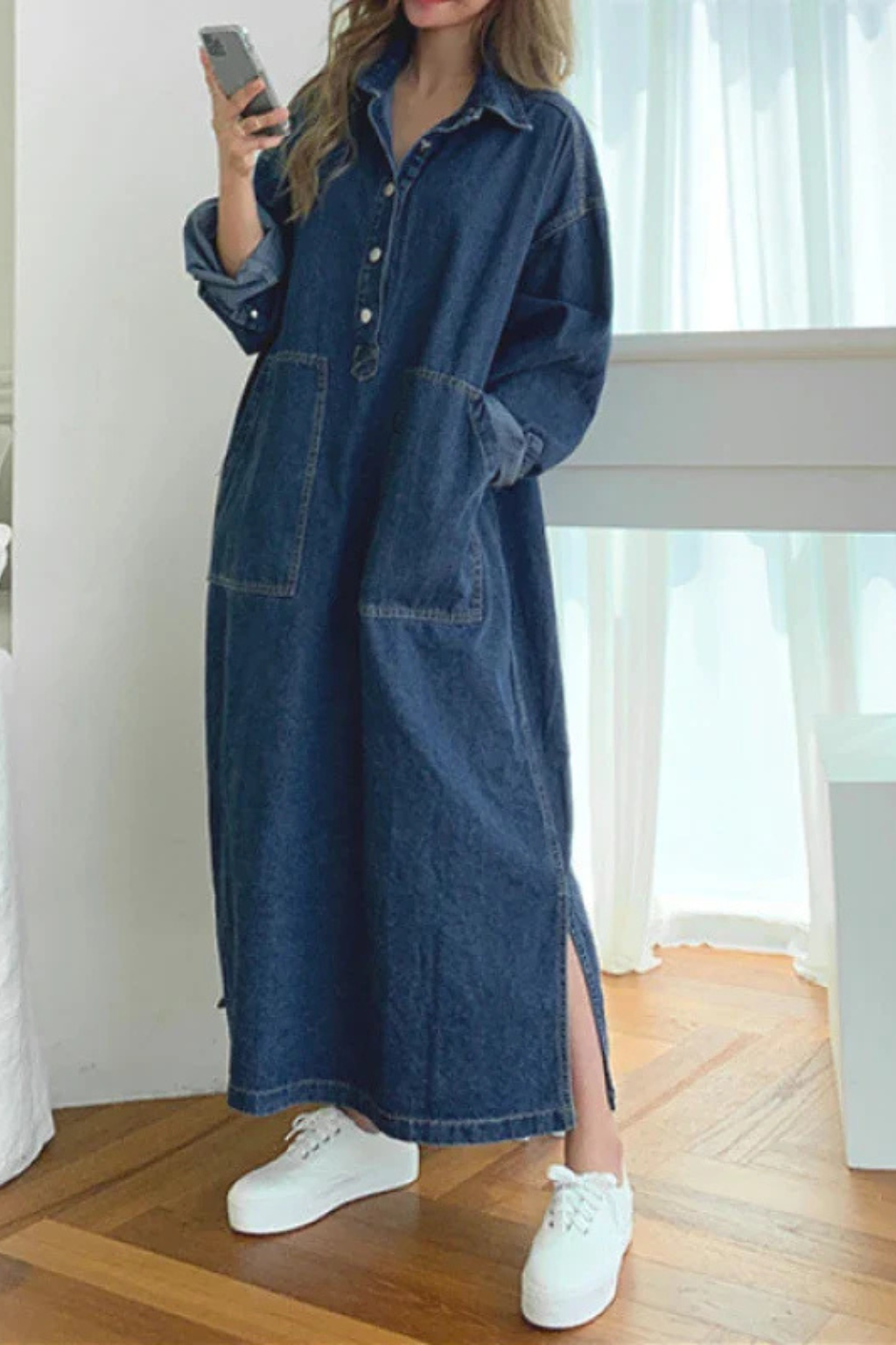 Mira Women's Maxi Dress featuring an oversized silhouette and stylish collared design, perfect for casual or formal occasions. 4