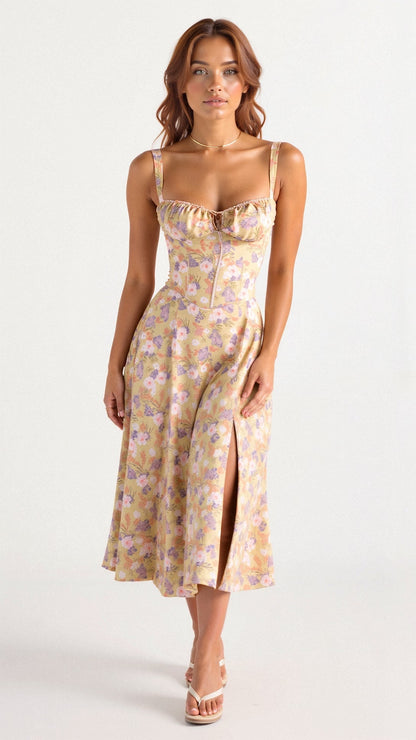 Mira Women’s Midi Dress featuring a stylish corset bodice and a flowing skirt, perfect for elegant occasions and summer outings. 0