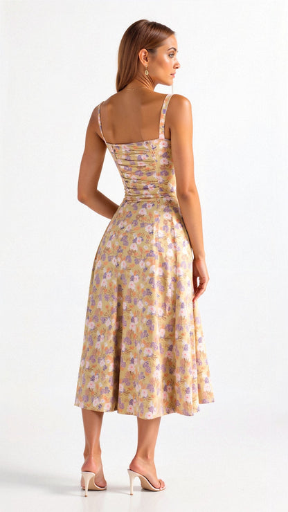 Mira Women’s Midi Dress featuring a stylish corset bodice and a flowing skirt, perfect for elegant occasions and summer outings. 1