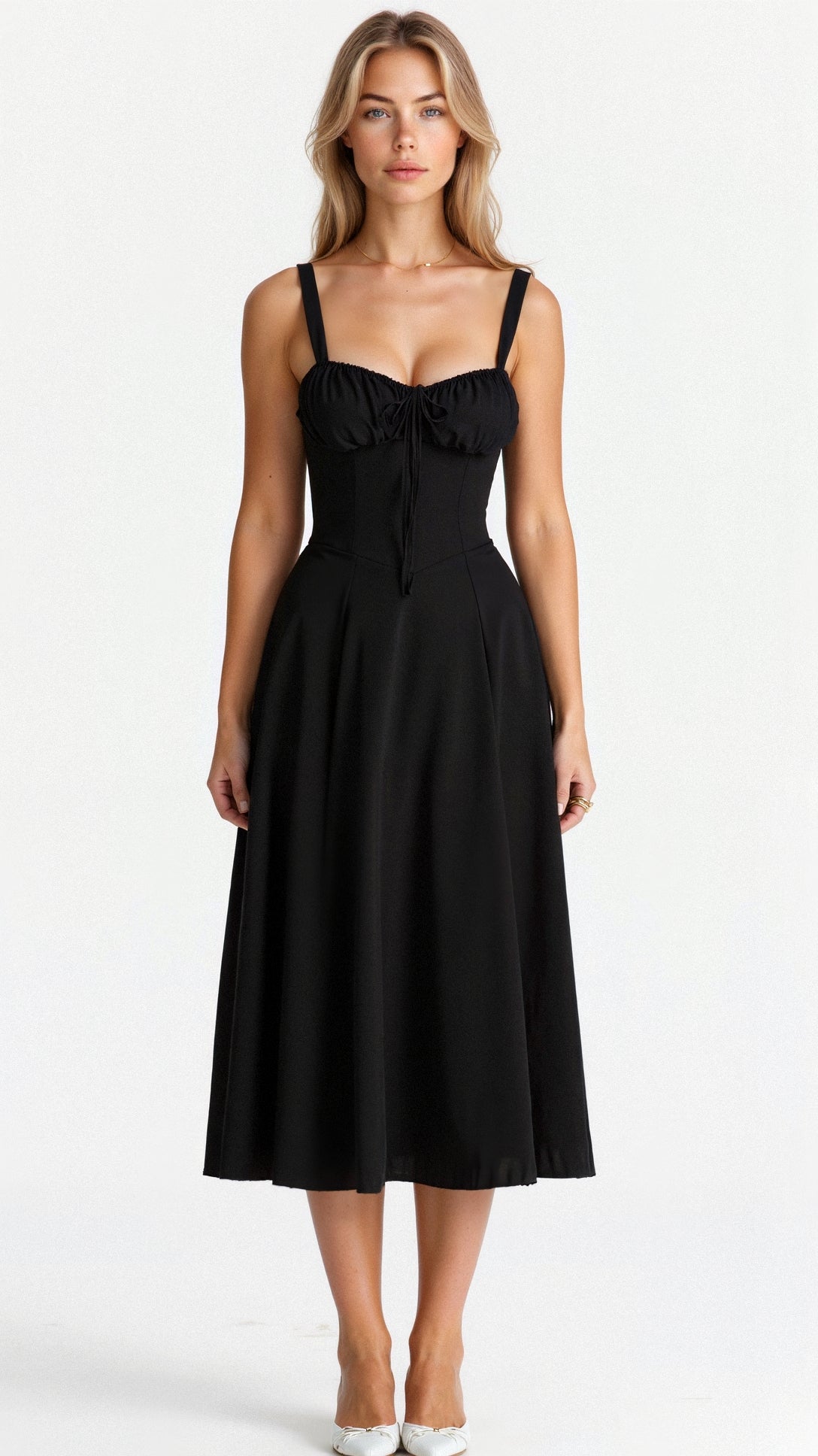 Mira Women’s Midi Dress featuring a stylish corset bodice and a flowing skirt, perfect for elegant occasions and summer outings. 2