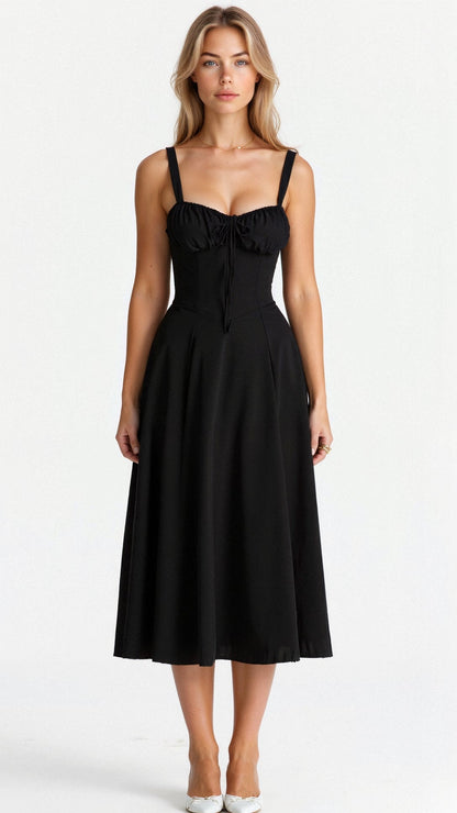 Mira Women’s Midi Dress featuring a stylish corset bodice and a flowing skirt, perfect for elegant occasions and summer outings. 2