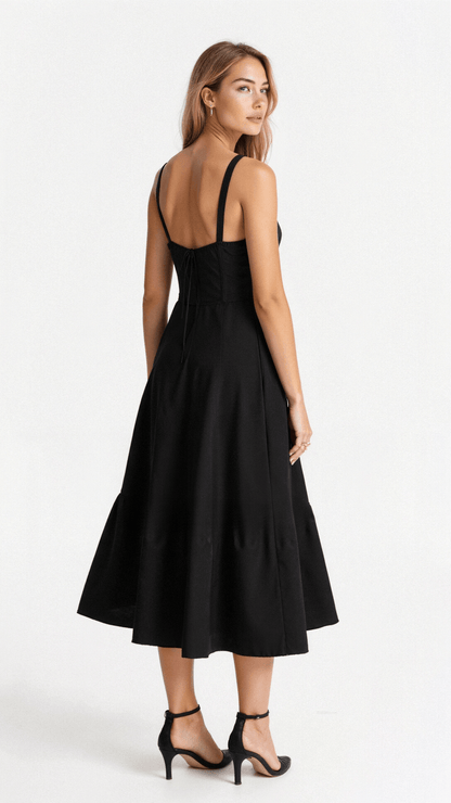 Mira Women’s Midi Dress featuring a stylish corset bodice and a flowing skirt, perfect for elegant occasions and summer outings. 3