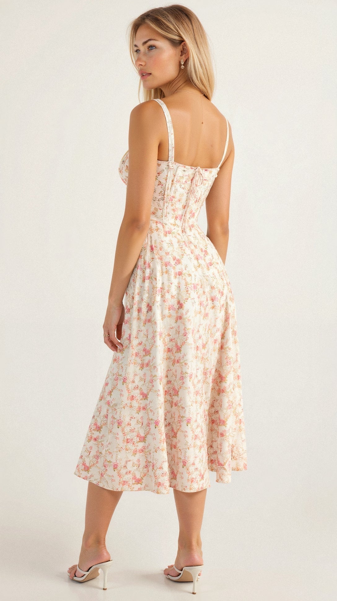Mira Women’s Midi Dress featuring a stylish corset bodice and a flowing skirt, perfect for elegant occasions and summer outings. 5