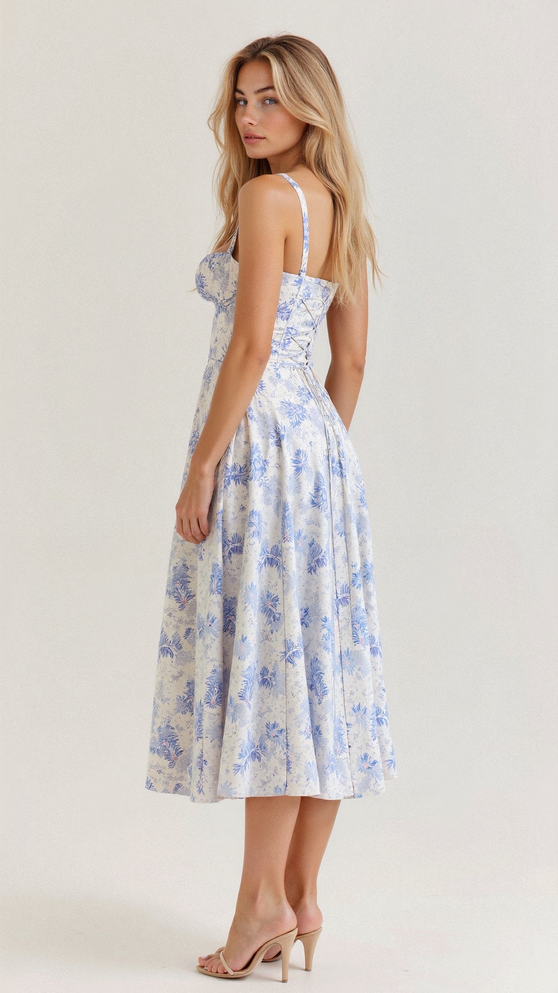 Mira Women’s Midi Dress featuring a stylish corset bodice and a flowing skirt, perfect for elegant occasions and summer outings. 7
