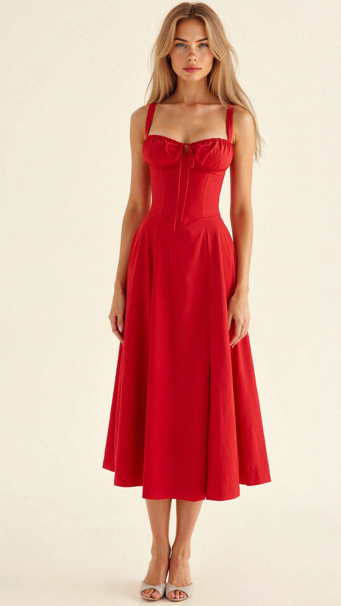 Mira Women’s Midi Dress featuring a stylish corset bodice and a flowing skirt, perfect for elegant occasions and summer outings. 9