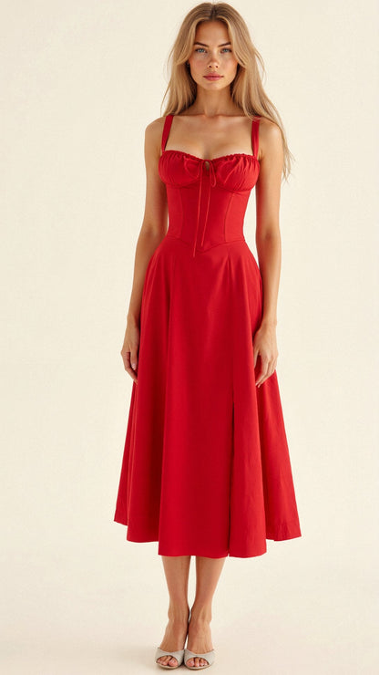 Mira Women’s Midi Dress featuring a stylish corset bodice and a flowing skirt, perfect for elegant occasions and summer outings. 9