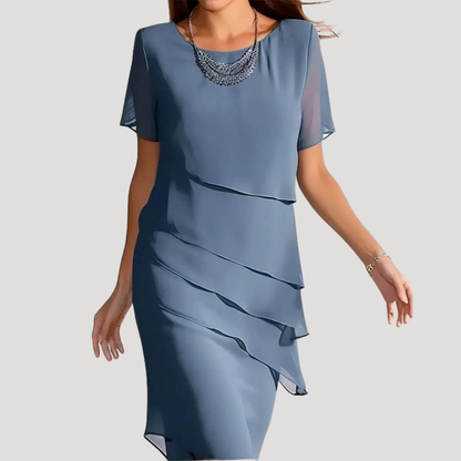 Mira Women’s Midi Dress featuring a stylish layered chiffon overlay and elegant short sleeves, perfect for casual outings or special occasions. 0