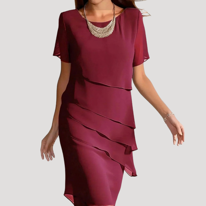 Mira Women’s Midi Dress featuring a stylish layered chiffon overlay and elegant short sleeves, perfect for casual outings or special occasions. 1