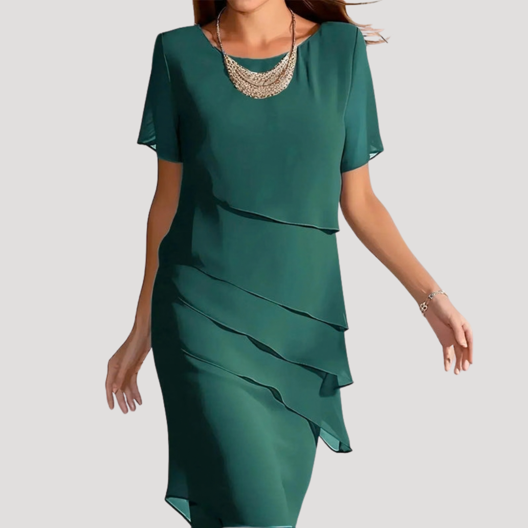 Mira Women’s Midi Dress featuring a stylish layered chiffon overlay and elegant short sleeves, perfect for casual outings or special occasions. 2