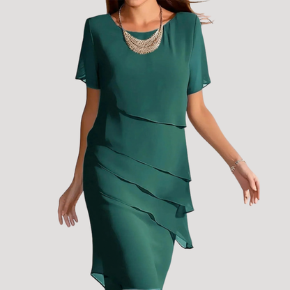 Mira Women’s Midi Dress featuring a stylish layered chiffon overlay and elegant short sleeves, perfect for casual outings or special occasions. 2