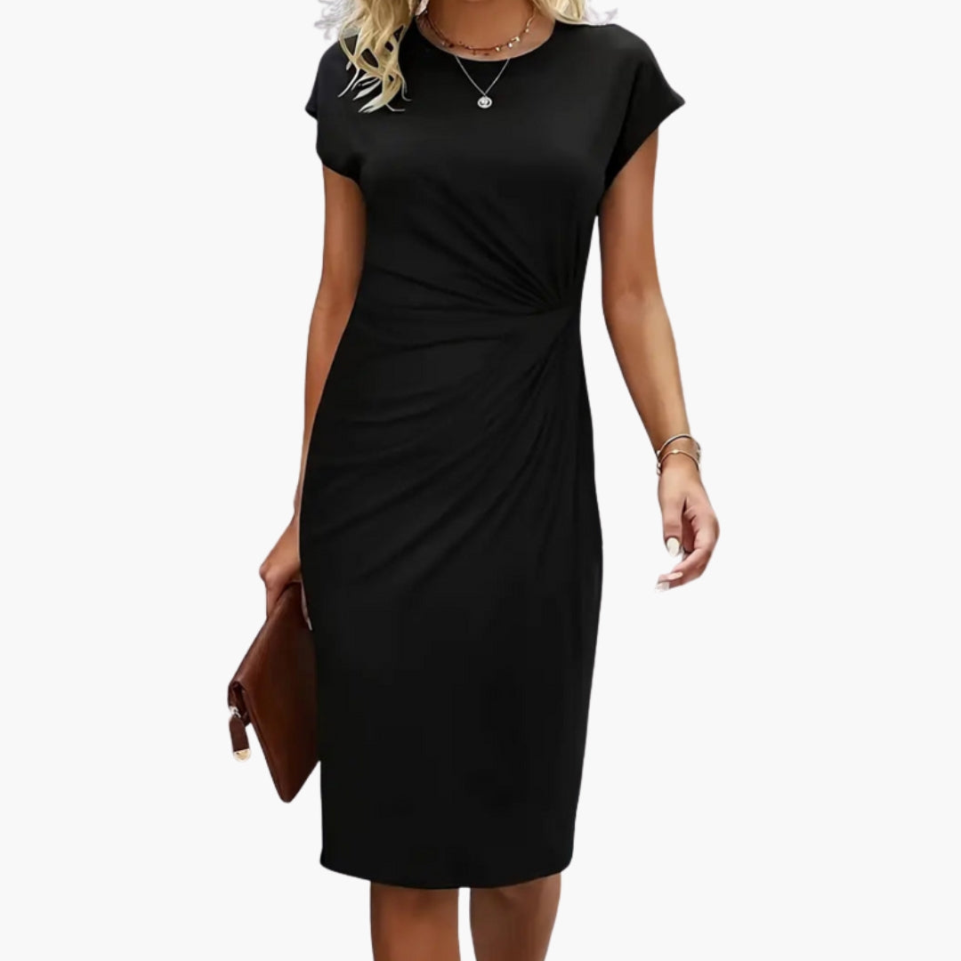 Mira Women’s Midi Dress featuring a stylish round neckline and a defined waist, perfect for both casual and formal occasions. 0