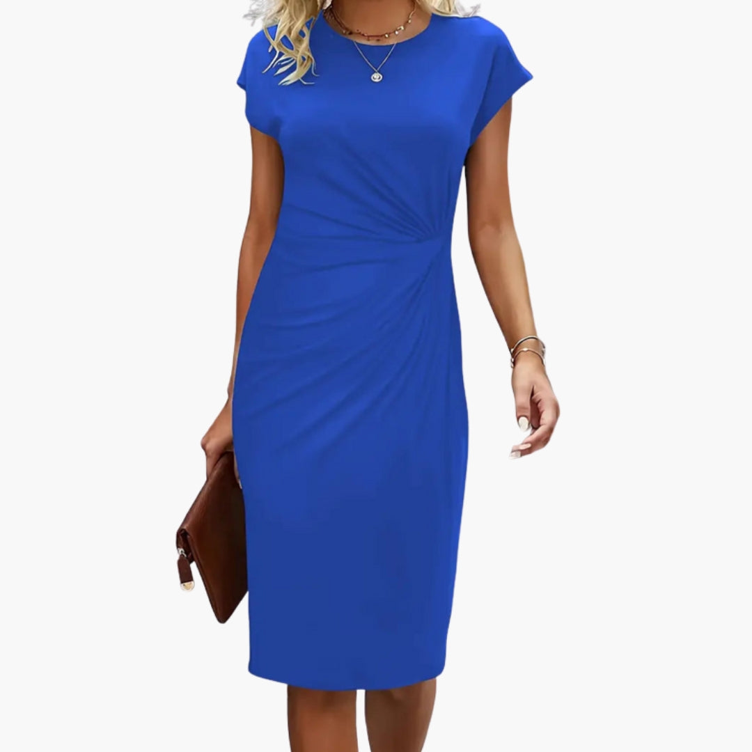 Mira Women’s Midi Dress featuring a stylish round neckline and a defined waist, perfect for both casual and formal occasions. 2