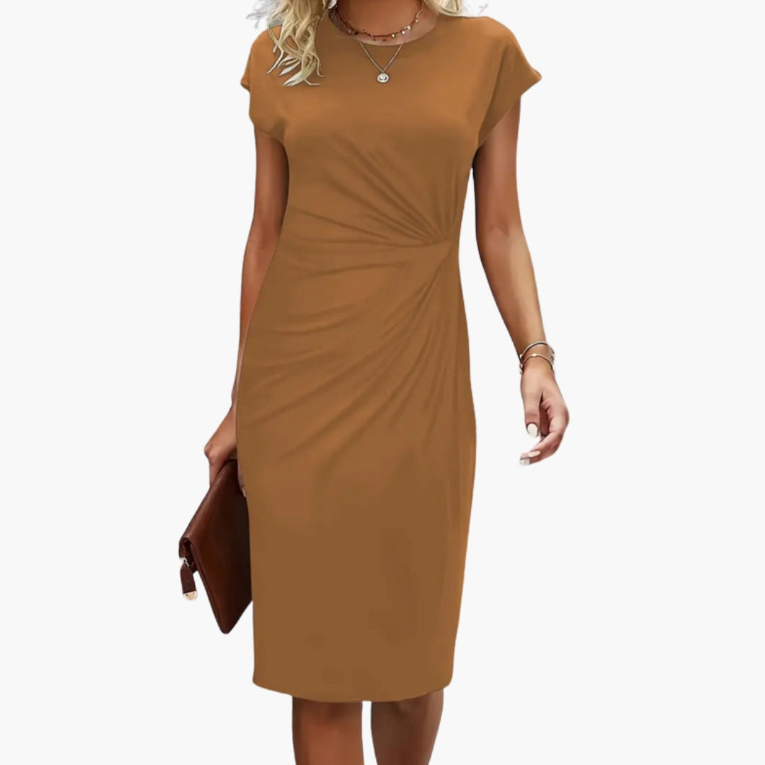 Mira Women’s Midi Dress featuring a stylish round neckline and a defined waist, perfect for both casual and formal occasions. 3