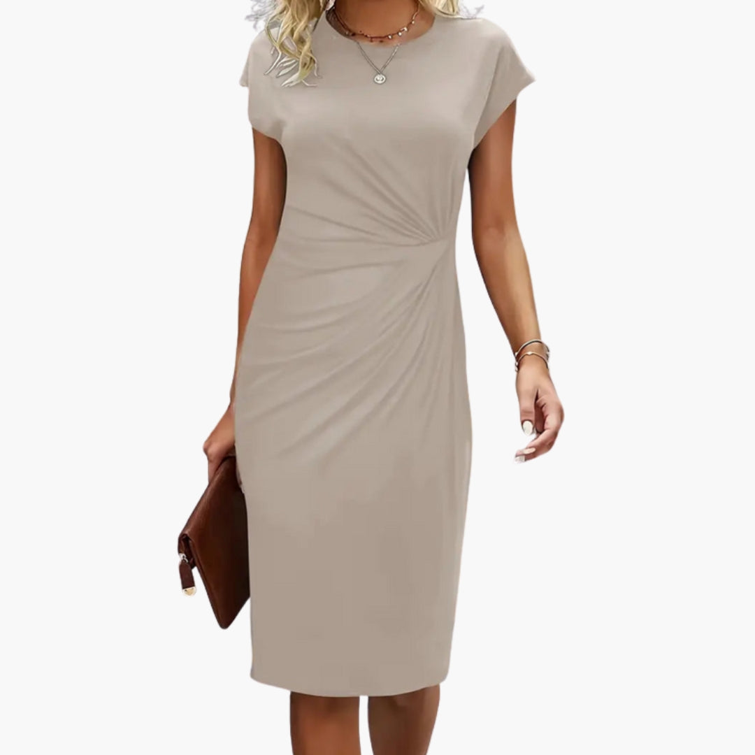 Mira Women’s Midi Dress featuring a stylish round neckline and a defined waist, perfect for both casual and formal occasions. 4