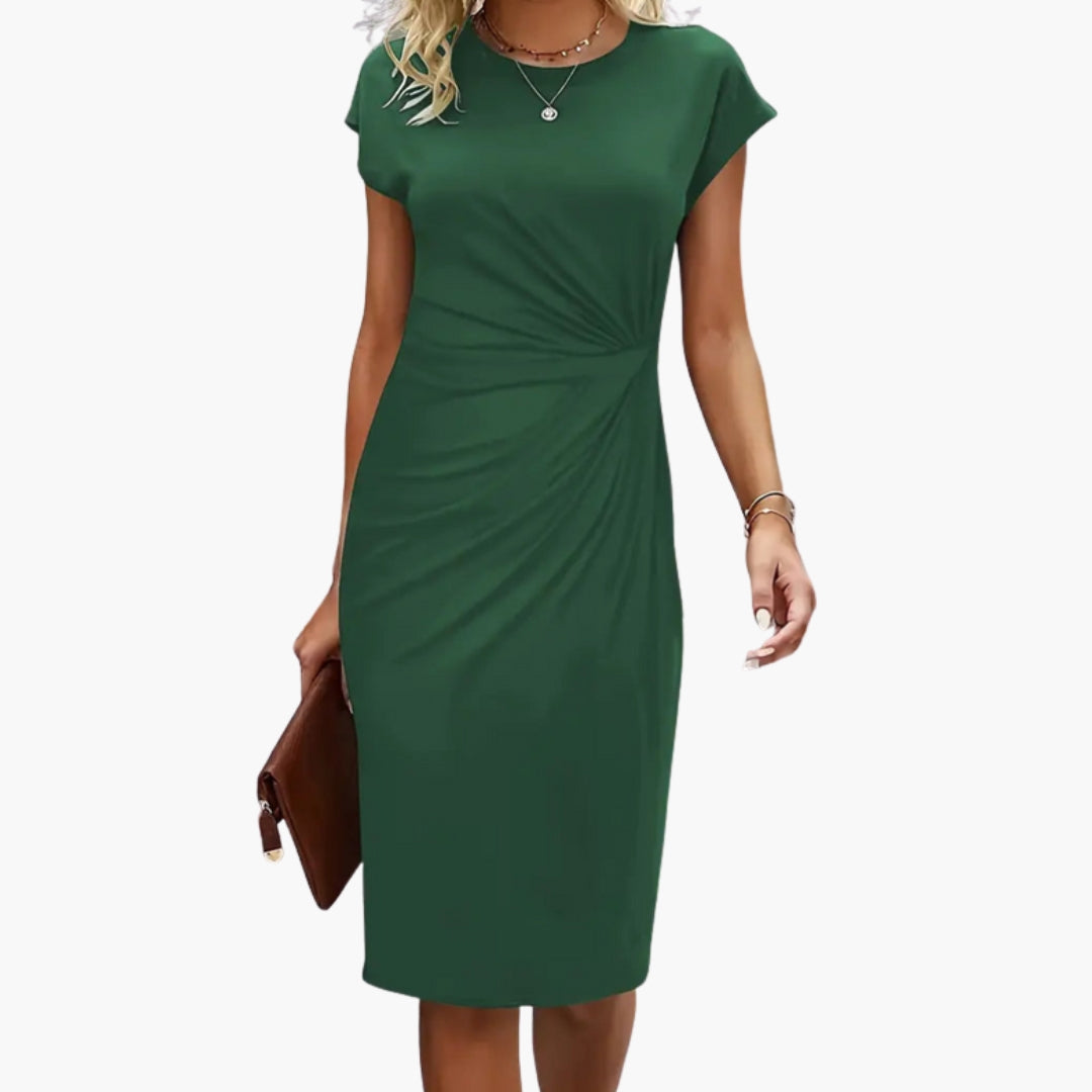 Mira Women’s Midi Dress featuring a stylish round neckline and a defined waist, perfect for both casual and formal occasions. 5