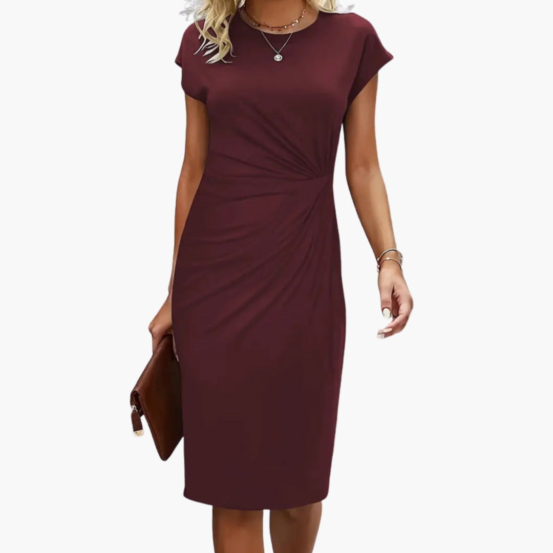 Mira Women’s Midi Dress featuring a stylish round neckline and a defined waist, perfect for both casual and formal occasions. 8