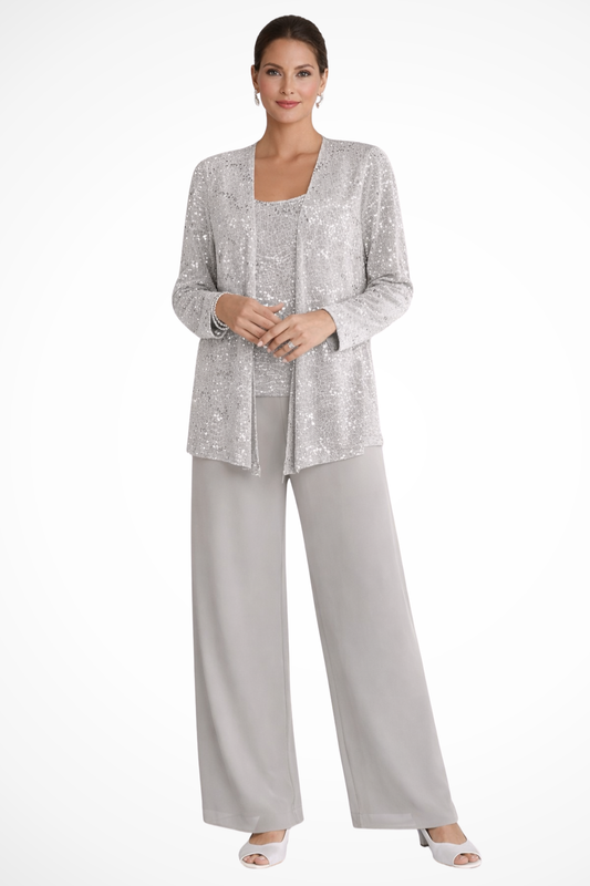 Mira Women’s Sequin Jacket Suit featuring elegant wide leg trousers and intricate lace detail, perfect for formal events and special occasions. 0
