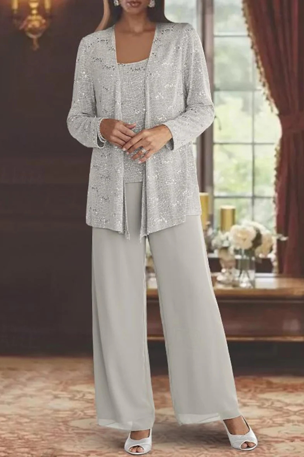 Mira Women’s Sequin Jacket Suit featuring elegant wide leg trousers and intricate lace detail, perfect for formal events and special occasions. 1