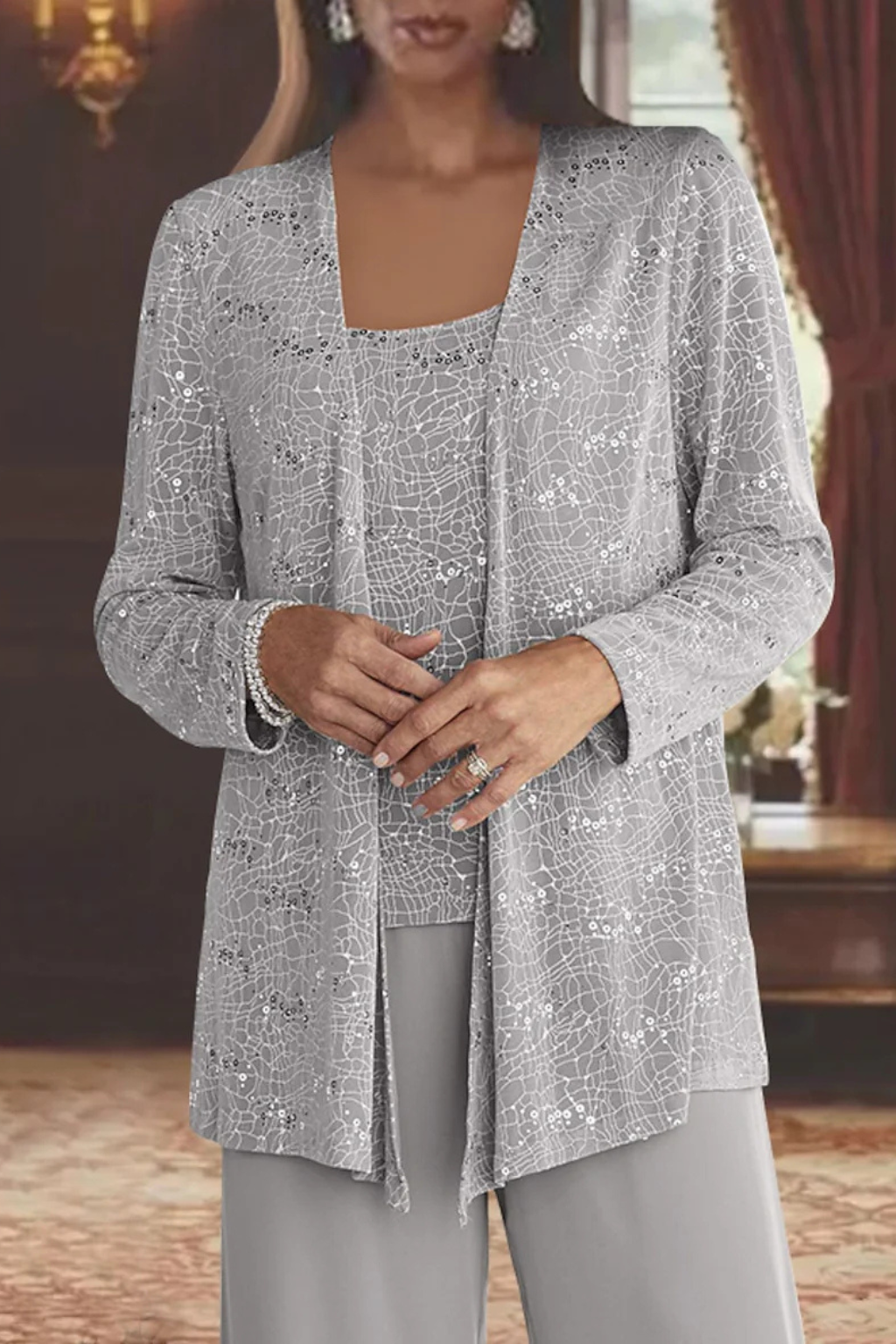 Mira Women’s Sequin Jacket Suit featuring elegant wide leg trousers and intricate lace detail, perfect for formal events and special occasions. 2